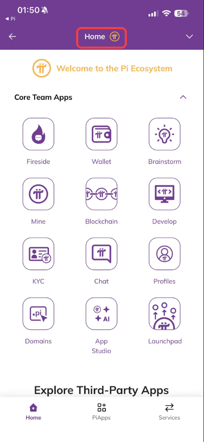 Pi Browser 首页，点击上方 Home
